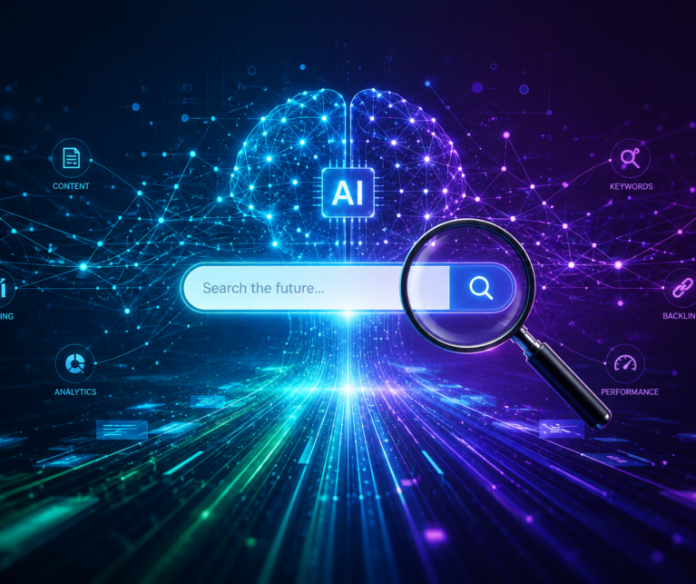 Abstract digital network symbolizing AI SEO, data streams, and the future of search. A stylized brain and magnifying glass represent intelligence and discovery in digital transformation.