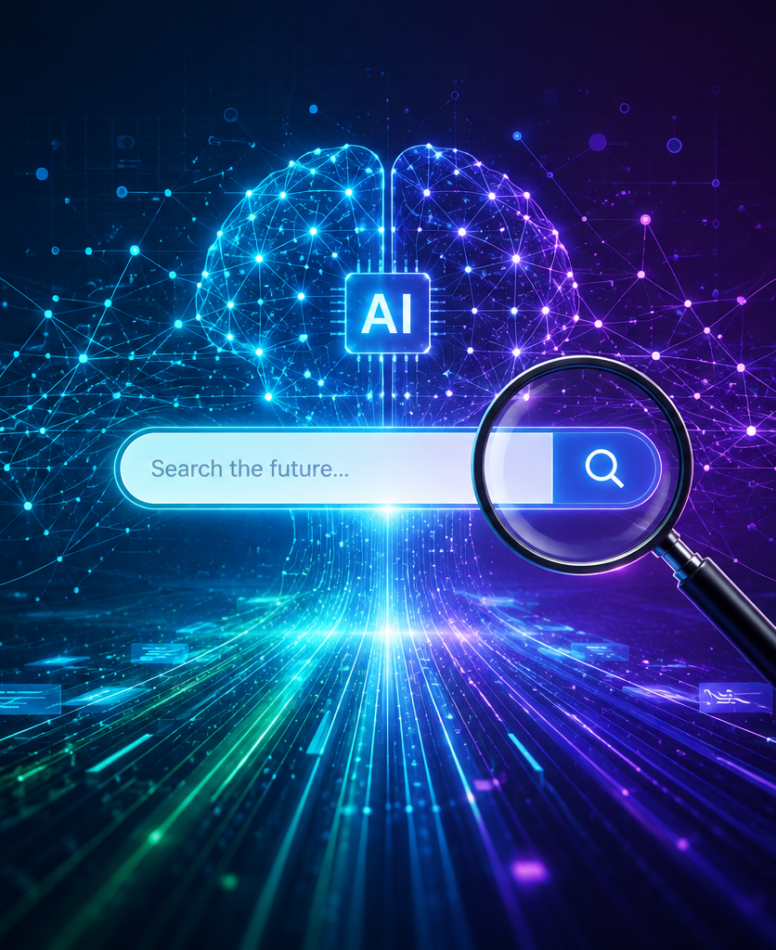 Abstract digital network symbolizing AI SEO, data streams, and the future of search. A stylized brain and magnifying glass represent intelligence and discovery in digital transformation.