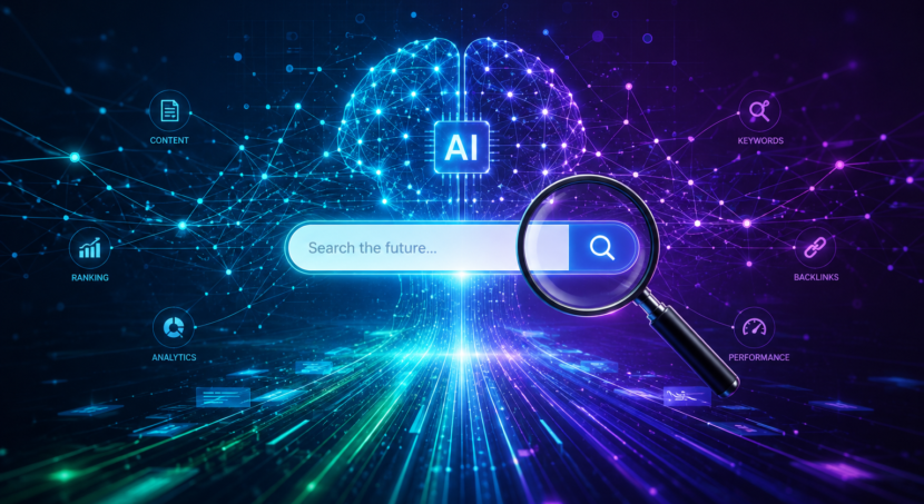 Abstract digital network symbolizing AI SEO, data streams, and the future of search. A stylized brain and magnifying glass represent intelligence and discovery in digital transformation.