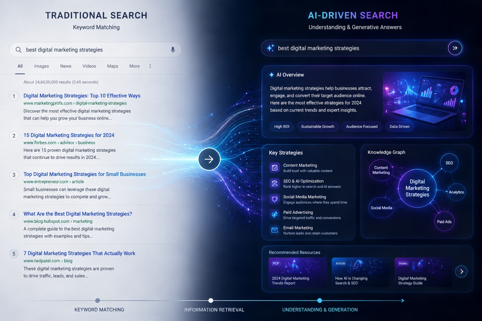 Conceptual image contrasting traditional SEO search results with a dynamic generative AI interface, illustrating the evolution of search and AI optimization.